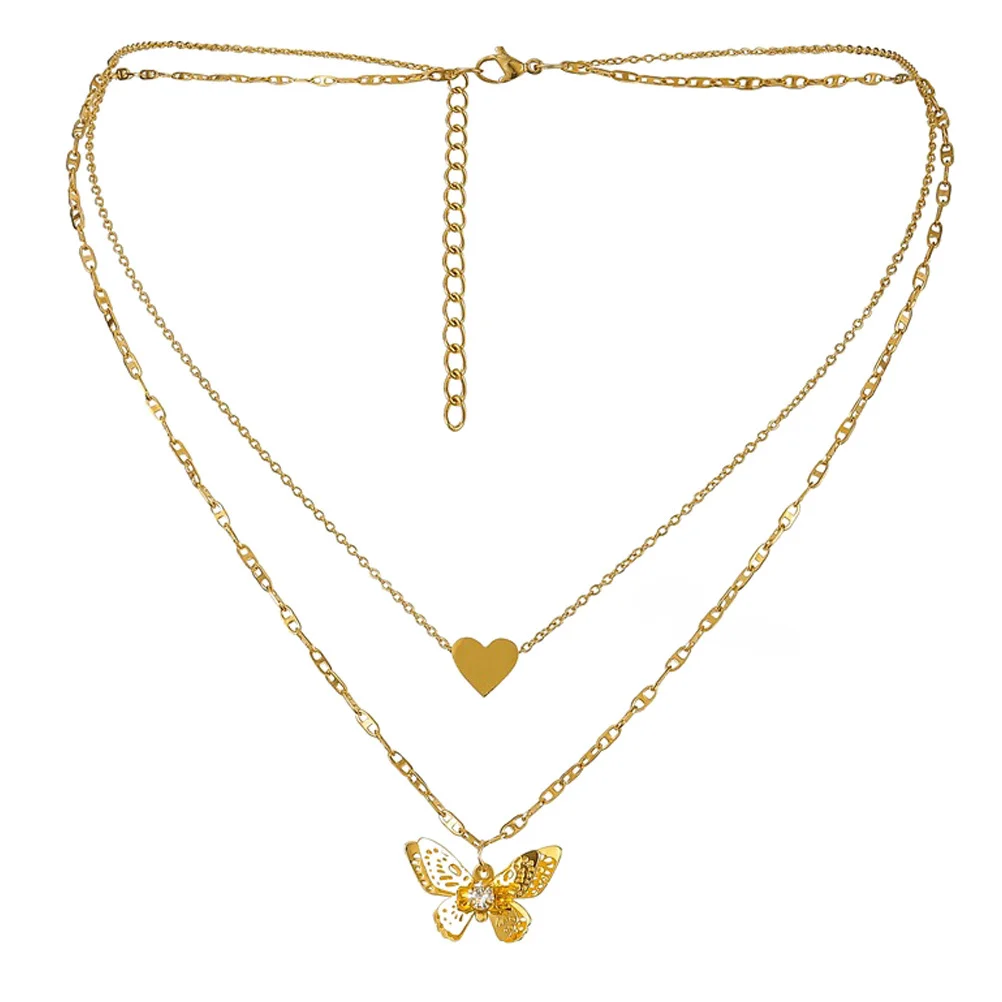 

1Pcs Plated Necklace Double-Layer Heart Shaped Pendant Elegant Collarbone Chain Jewelry for Party Wedding Gift