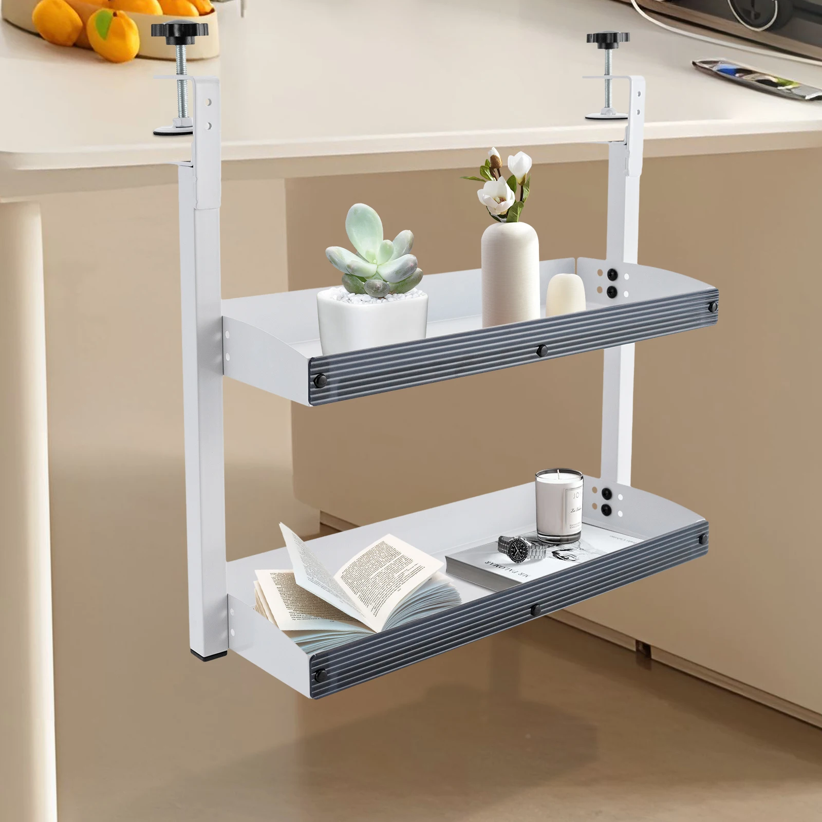 

White Clamp-on Desk Shelf, 2-Tier Shelf with Adjustable Storage Tray On the Top or Bottom, Load Capacity 10 KG, Carbon Steel