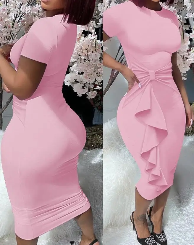 Women's Elegant Dress 2024 Summer Latest Chic Round Neck Ruffle Hem Short Sleeves Skinny Party High Waist Maxi Dress Long Skirt