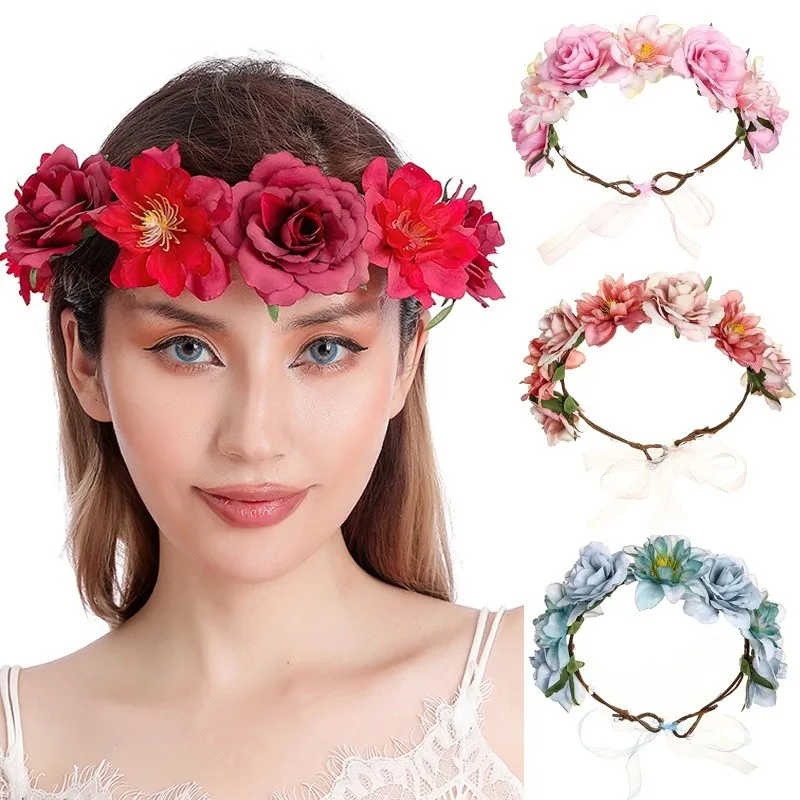 Bohemian Flower Crowns Adjustable Beach Hawaii Floral Faux Rose Wedding Wreaths Garland Headband Maternity Photography Props