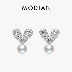 MODIAN 925 Sterling Silver Elegant Synthetic Pearl Earrings Dazzling Heart Clear CZ Stud Earrings For Women Fine Jewelry