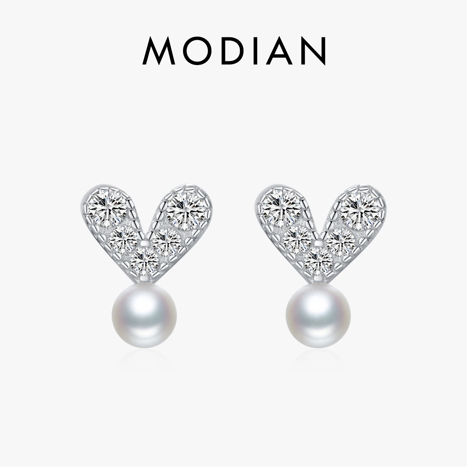 MODIAN 925 Sterling Silver Elegant Synthetic Pearl Earrings Dazzling Heart Clear CZ Stud Earrings For Women Fine Jewelry