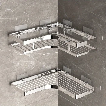 쉬운 설치 샤워 선반 세트, 드릴링 샤워 없음, 녹 방지 및 방수 욕실 랙, 접착 코너 트레이 