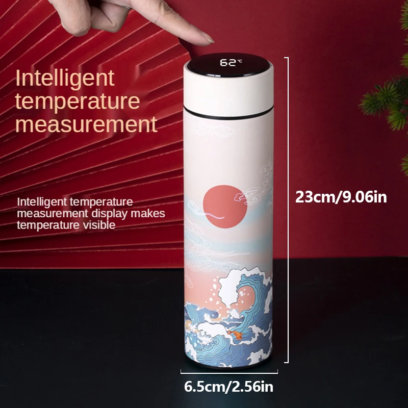 Thermal Mug Water Bottle Thermos Chinese Style Ins Illustration Vacuum Flask Stainless Steel Display Temperature Water Cup 500ML