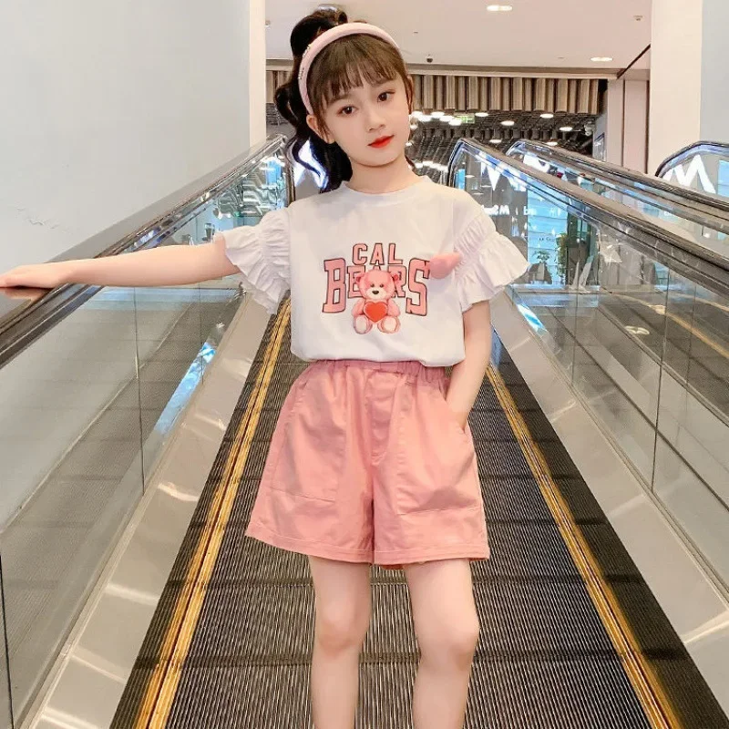 

Girls Suit Puff Short Sleeves + Pink Shorts Summer Clothes 2024 New Korean Style Fashion Simple Outer Clothes 2-piece Set