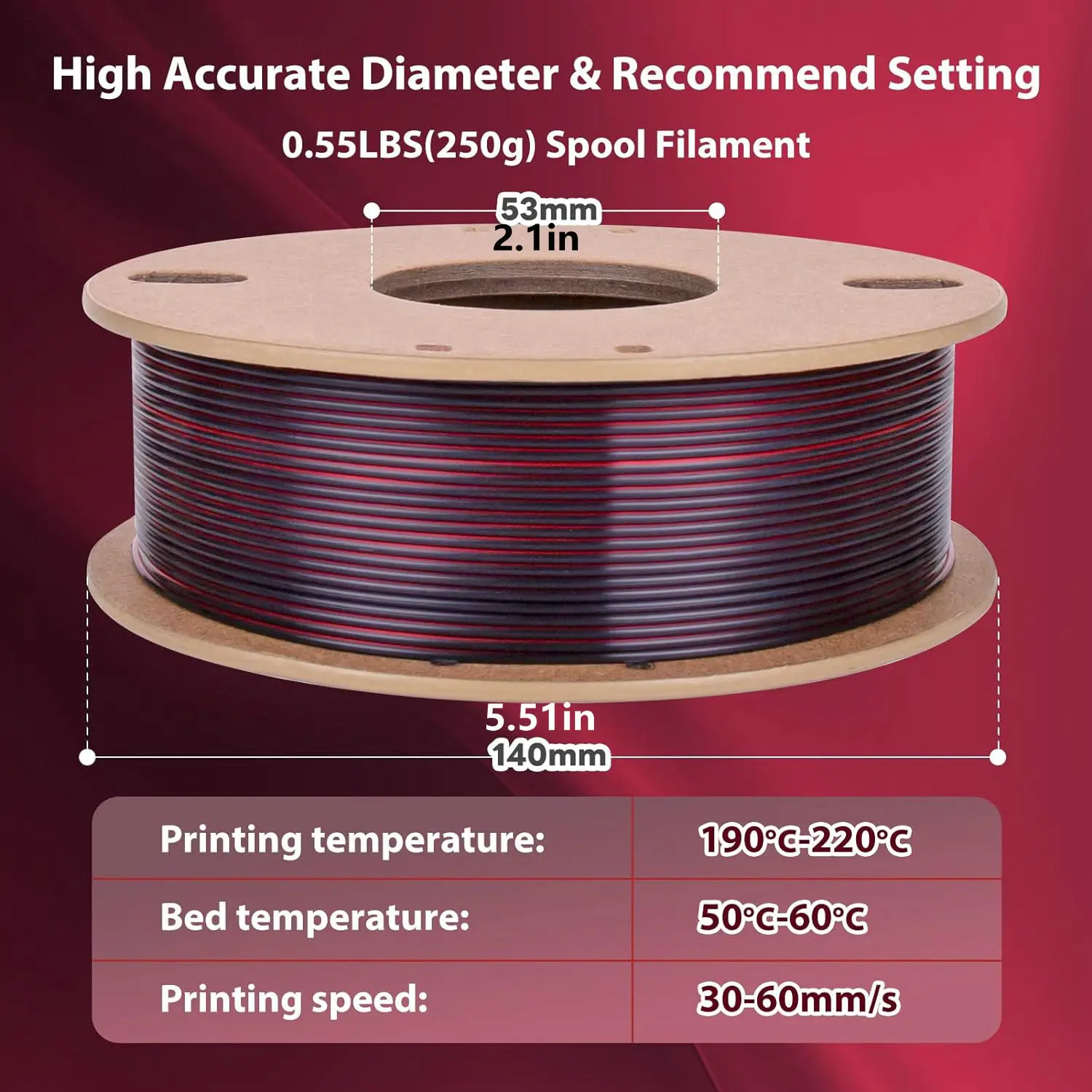 Dual(Black & Red) Silk PLA 3D Printer Filament 1.75mm,250g/0.55lbs Shiny Coextrusion Multicolor Color Change Printing Filament