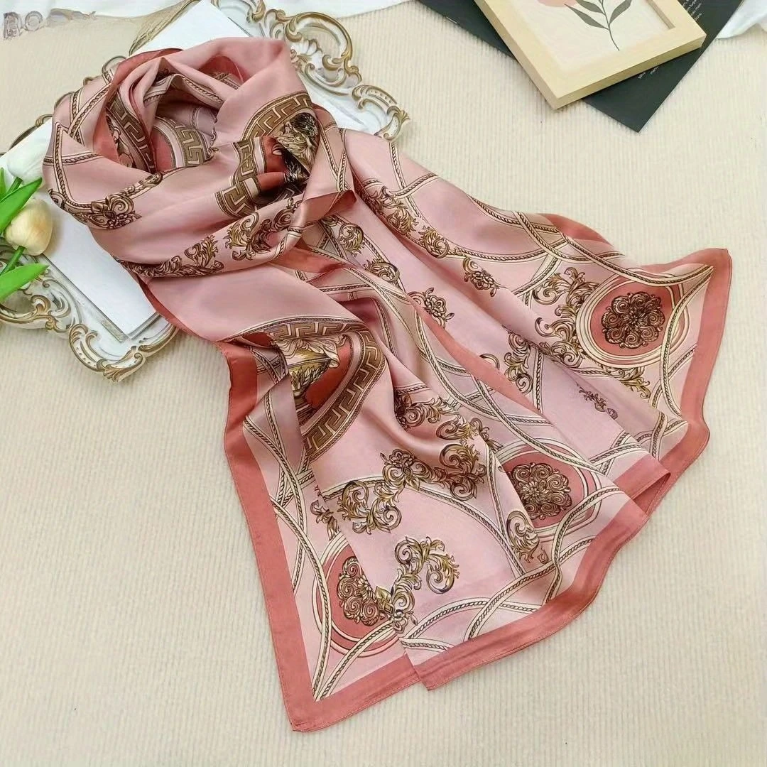 

100% Mulberry Silk Long Scarf for Women Large Oblong Shawls for Headscarf Neck- Oblong Hair Wraps Gift Packed Pink Baroque Print