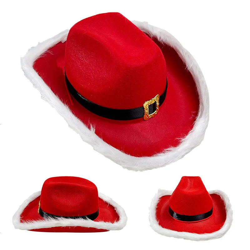 Wide Brim Cowgirl Hat Christmas Party Cowboy Hat Western Red Felt Cap Xmas Party Deco