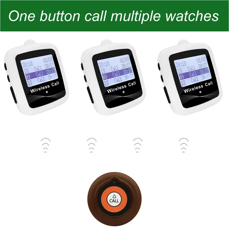 QWICALL Wireless Restaurant Guest Calling System 10 Calling Buttons 2 Belt Watch Receiver for Waiter Cafe, Bar Call Bell