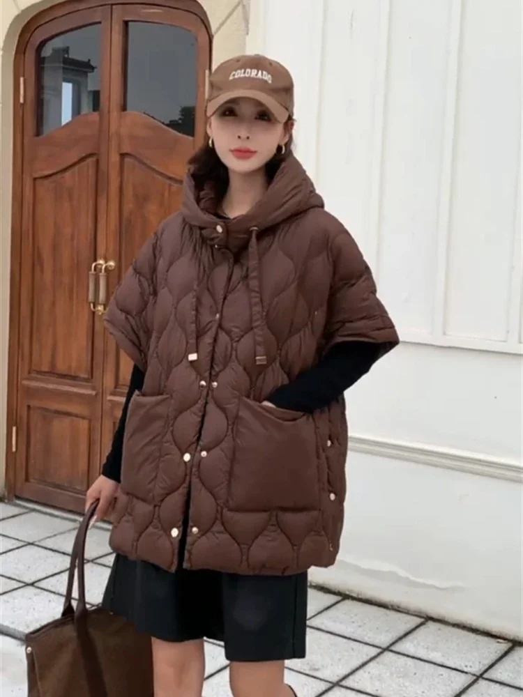 Frauen Weiße Ente Unten Lose Warme Weste Weibliche Einreiher Tasche Weste Outwears Herbst Winter Chic Feste Kapuze Unten Weste