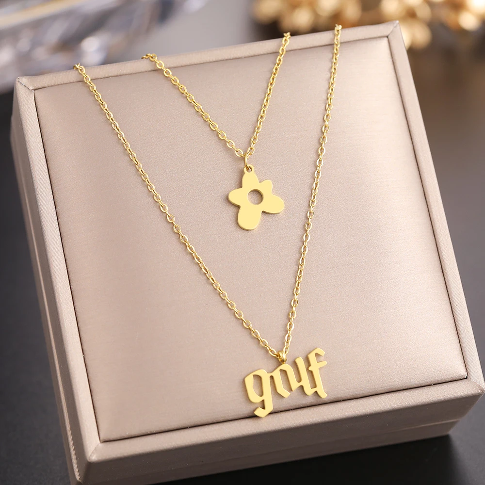 Stainless Steel Necklaces Light Luxury Letter Flower Pendant Layer Chain Non-fading High-quality Fine Necklace For Women Jewelry