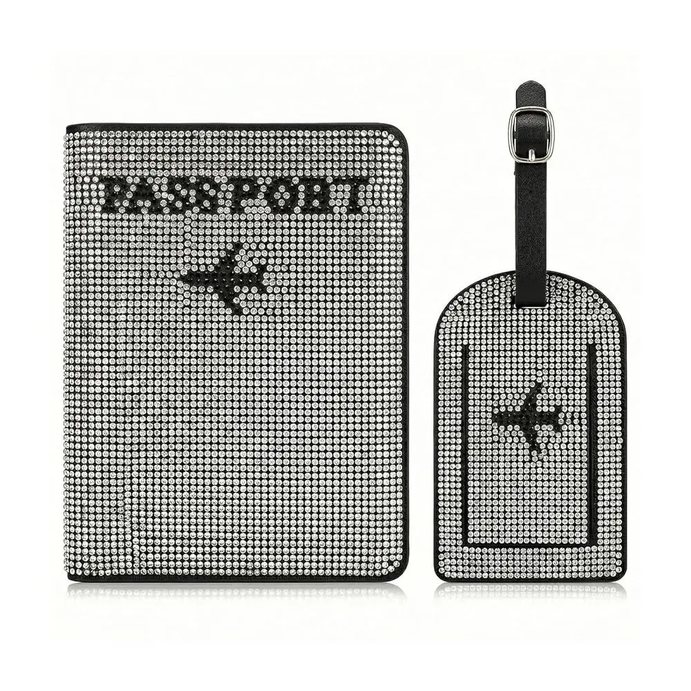 

Черный блестящий набор: обложка для паспорта со стразами и бирка для багажа, классический дизайн