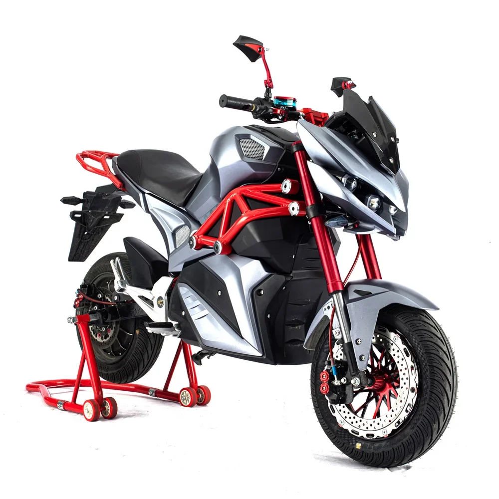 Close-up of powerful hub motor and rear disc brake system on STLF electric motorcycle