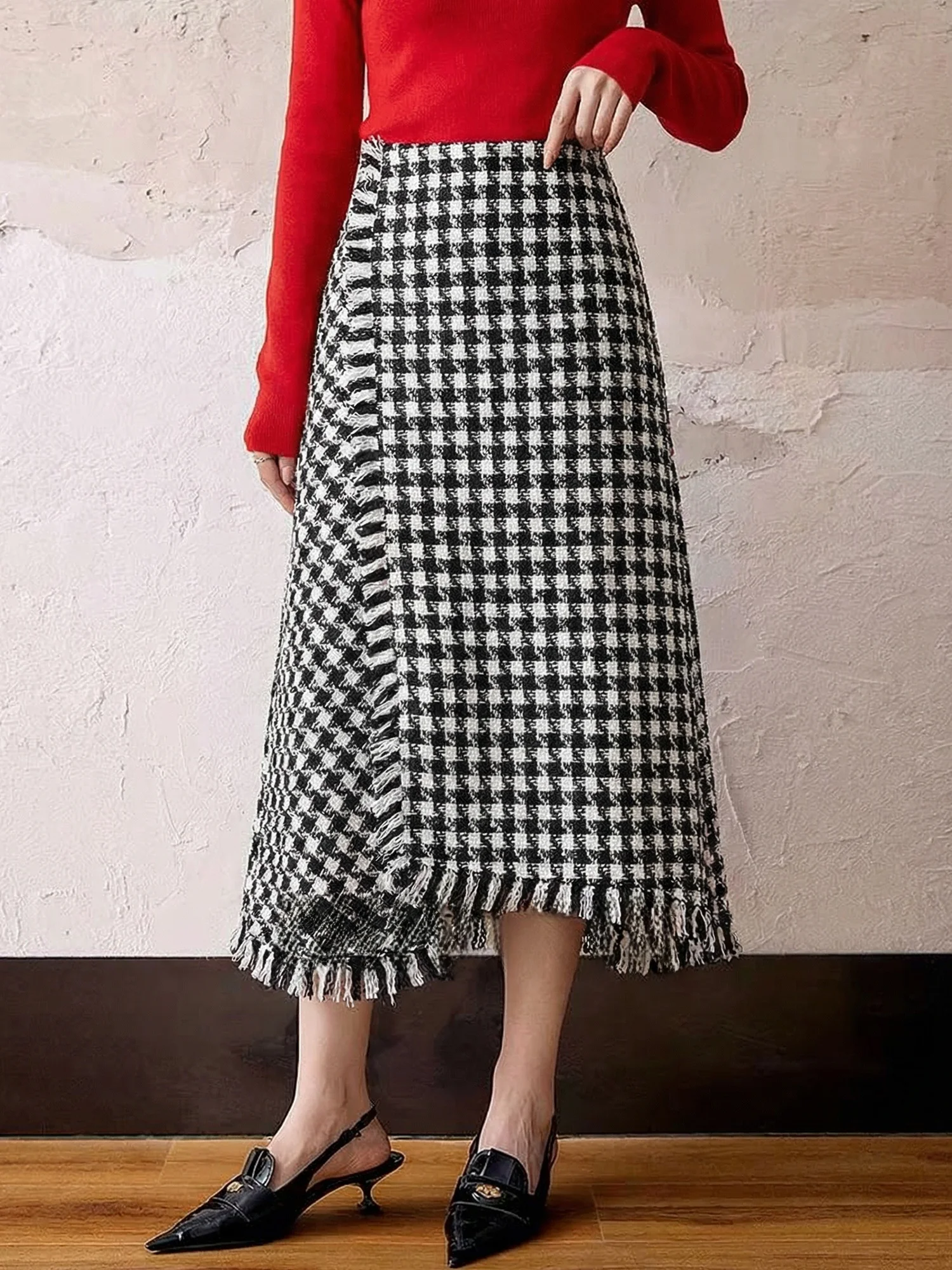 

High Waist Midi Tweed Skirt Women's Autumn Winter New Sle Slimming Fringed Skirt Chivirin Vintage Warm Wool Blend A-Line Skirt