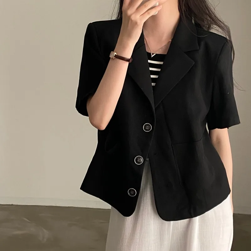 Chaqueta de traje de manga fino corto con temperamento coreano chic para mujer, novedad de verano, traje pequeño, prendas de vestir exteriores de la serie sal