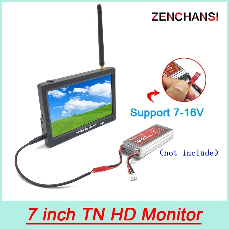 Pantalla LCD TFT de 5,8G y 48 canales, monitor fpv de 7 pulgadas, TN, 1024x600, soporte de batería de DC7-16V para RC Lancher, transmisor RC, Dron de juego