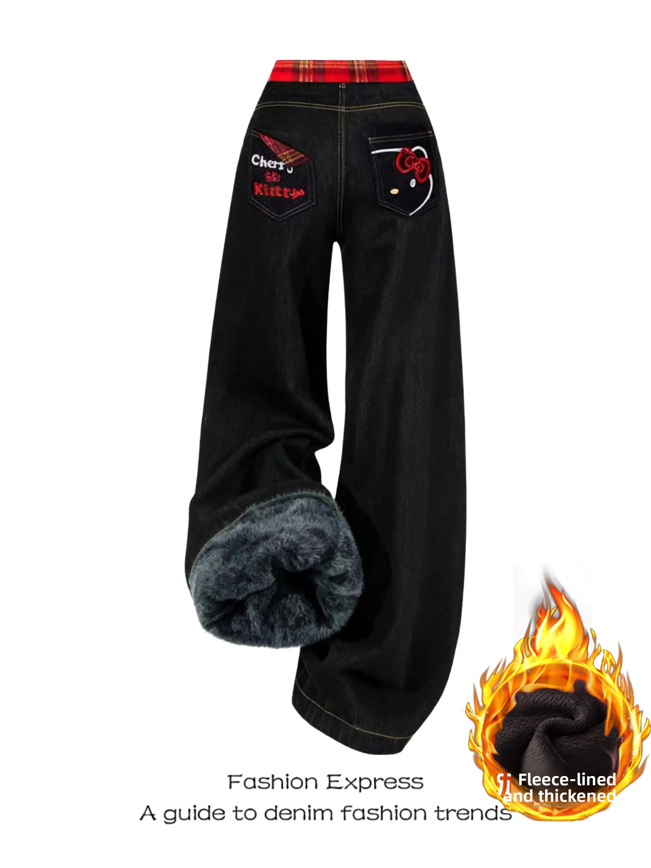 

2025 New Women's Fce Lined Wide Leg Denim Jeans Kit Embroidery Trendy Sweet And Spicy Girl High Waist Casual Wear