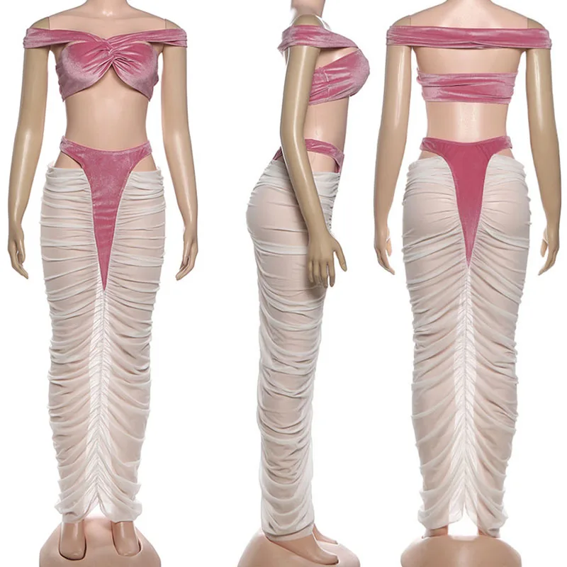 Conjunto de noche Sexy para mujer, conjunto de 2 piezas, ropa de Club, fiesta Rave, cuello oblicuo, Top corto calado y falda larga, conjuntos de vestido de malla