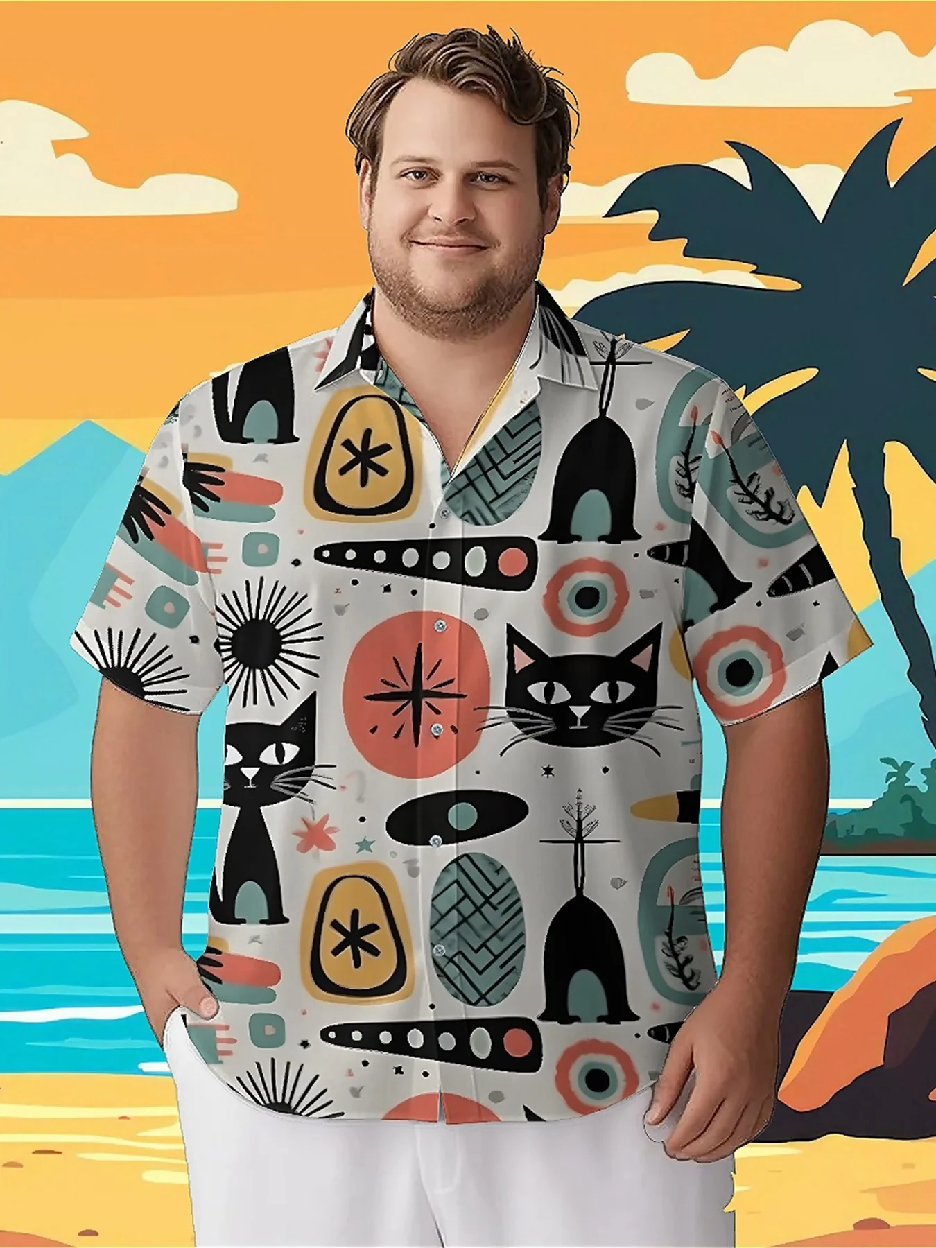 

Men's Plus Size Hawaiian Shirts Vintage Cat and Geometric Art pattern, Summer Tops, Suitable for Outdoor and Party, Streetwear
