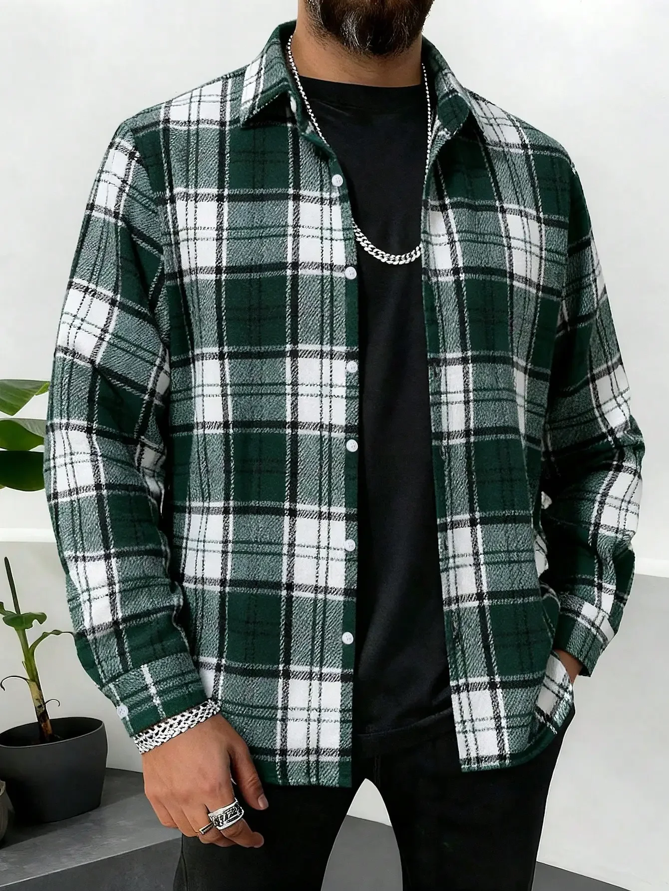 

Men's Long Sleeve Green White Black Plaid Flannel Shirt Casual Warm Autumn Winter