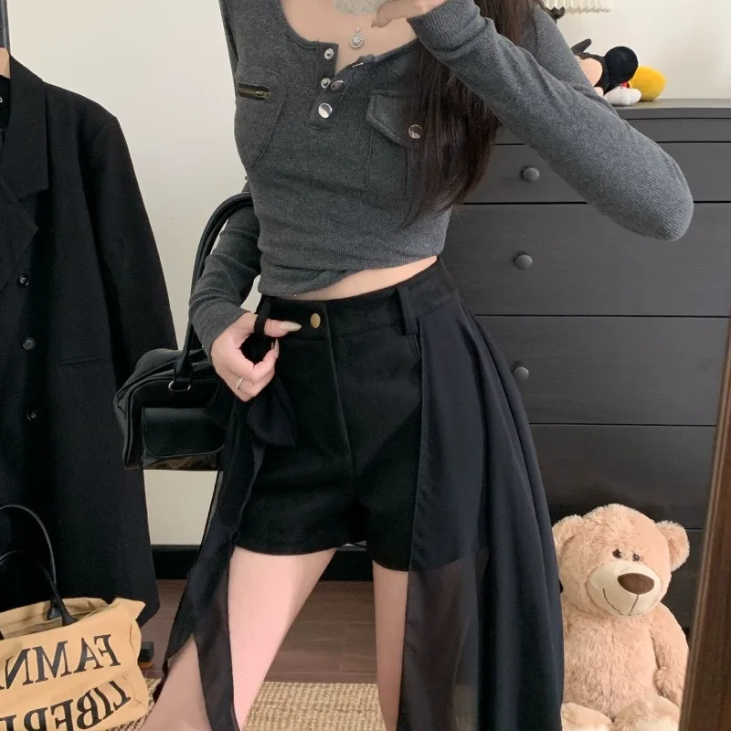 

Autumn new mesh splicing suede A-word shorts irregular streamer design high waist straight hot pants exquisite