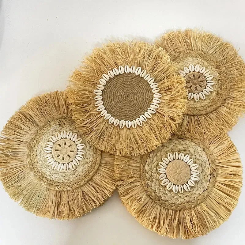 Natural Raffia Woven Wall Decor, 30CM Round Boho Wall Hanging Decoration, Handmade Scandinavian Wicker for Living Room Bedroom