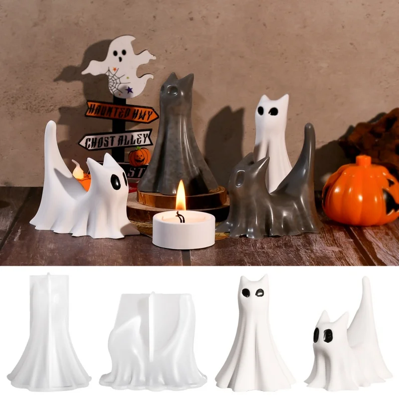 3D Gruselige Geisterkatzen-Kerzenform aus Silikon, handgefertigter Totenkopf-Kerzenhalter, Gips-Epoxidharz-Form, Feiertagsdekoration