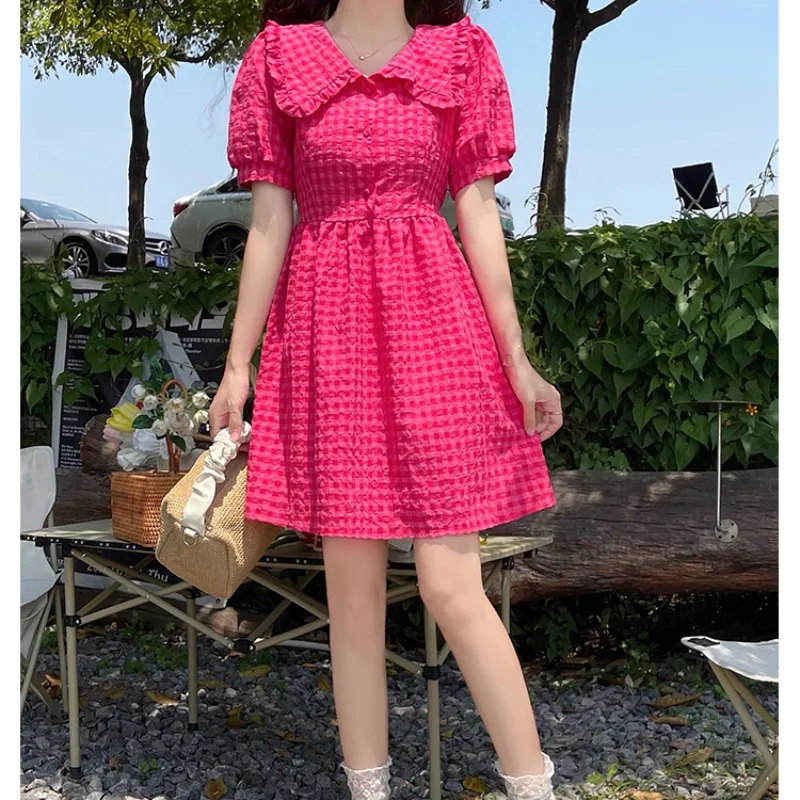 2024 Chic Summer Women's Sweet Bubble Sleeve Spliced Pullover Doll Neck Button Checkered Fashion Versatile Short Sleeve Dress