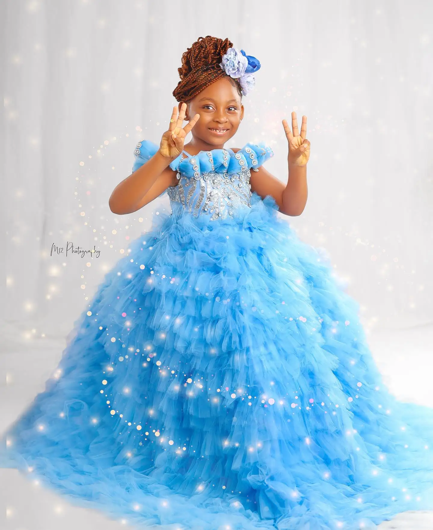 Maßgeschneidertes hellhimmelblaues Mädchen-Geburtstagskleid mit Perlen verziert, Rüschen, Blumenmädchenkleider für Hochzeit, Prinzessin, Baby-Fotoshooting-Kleider