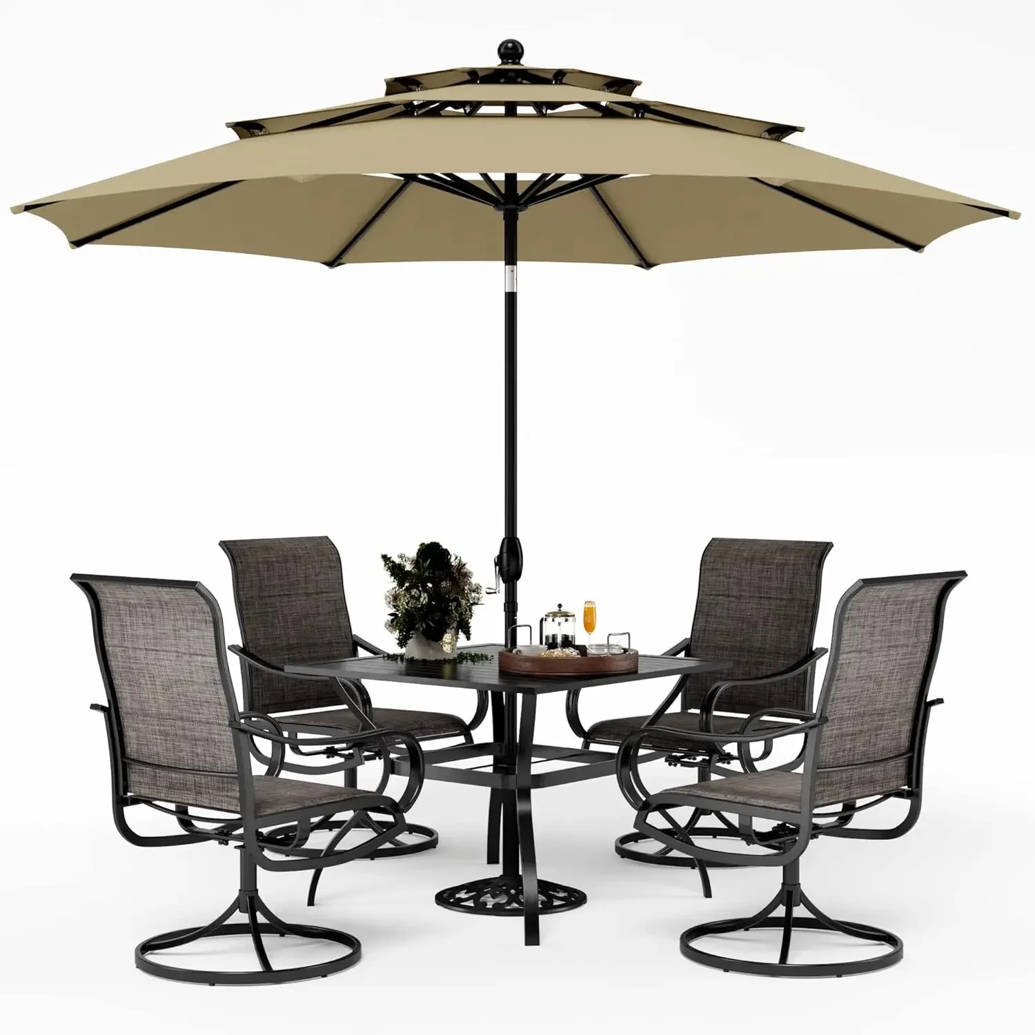 Patio Dining Set with Umbrella for 4,  Patio Dining Chairs, 1 Square Metal Dining Table and 10ft Beige Large Patio