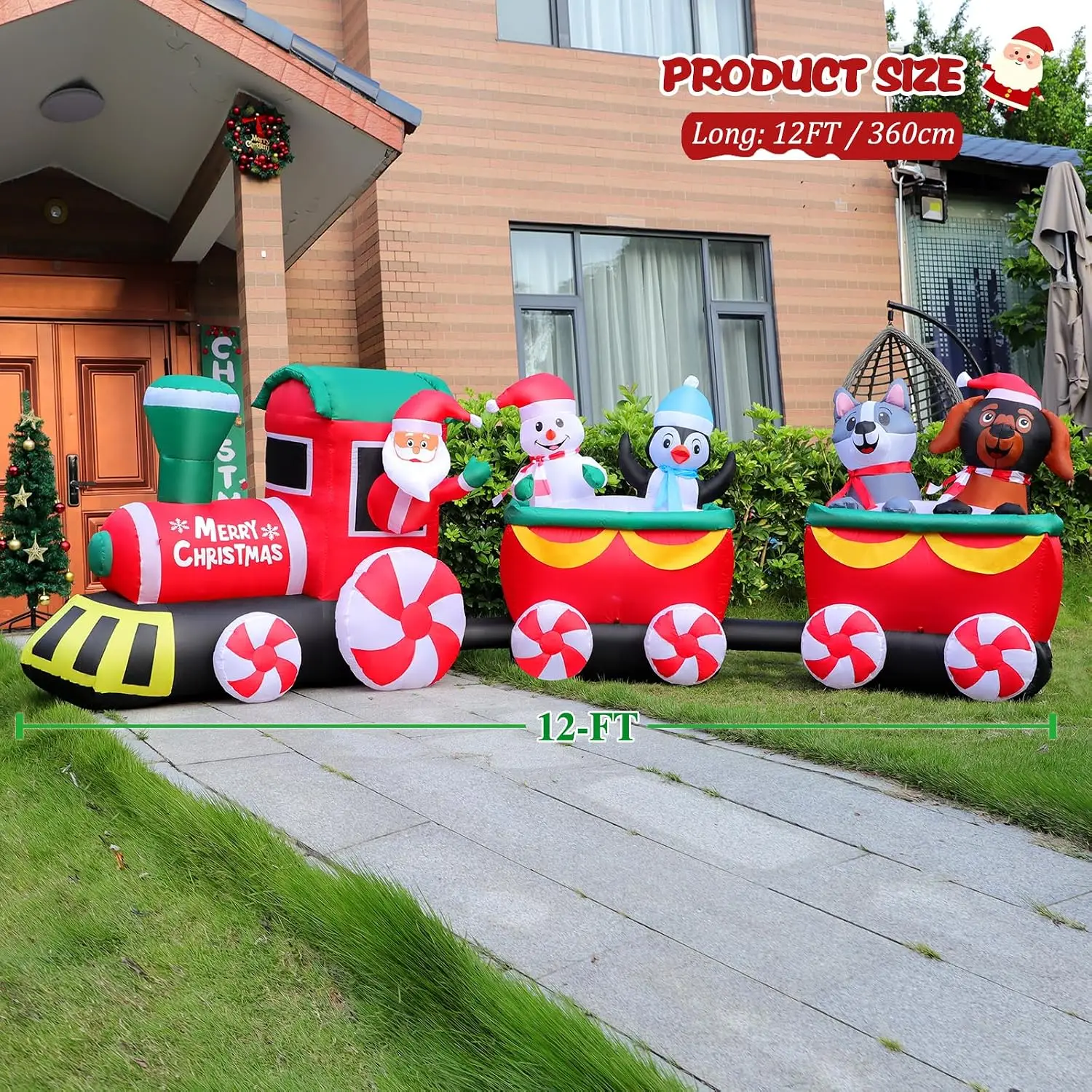 12 FT Christmas Holiday Decoration Inflatable Train Featuring Santa Claus