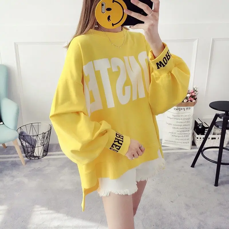 Fashion Printed Letter Casual Irregular Tee Shirt Female Clothing 2023 Autumn New Oversize Korean Tops Asymmetrical T-Shirts