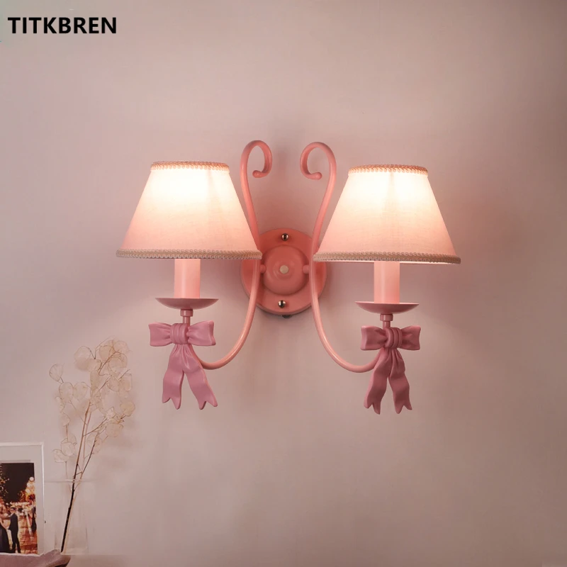 

European Pink Bow Tie Wall Lamps Wedding Decoration Bowknot Princess Girl Children Room Bedroom Bedside Fabric Lampshade Fixture