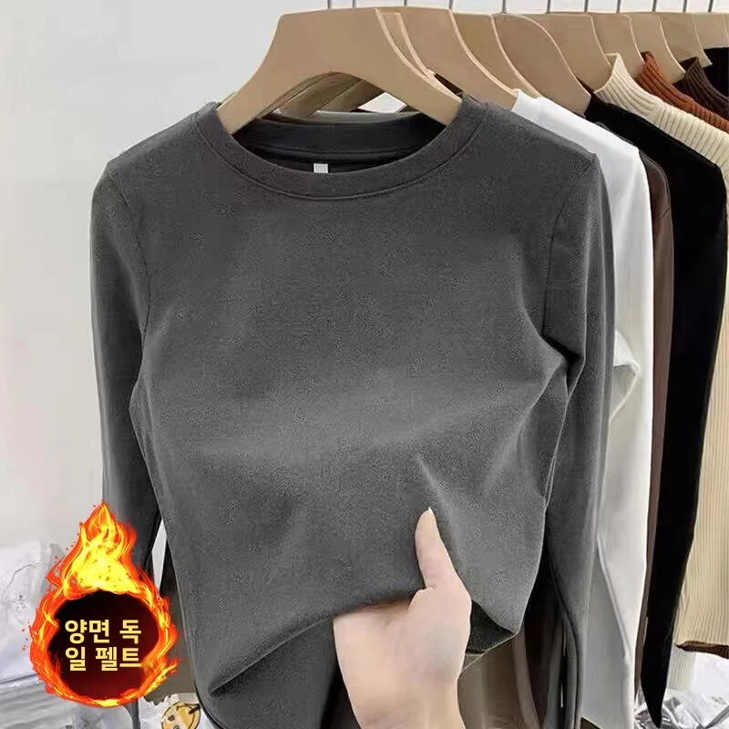 여성용 라운드넥 베이스 셔츠 플리스 안감 두꺼운 긴팔 퓨어 컬러 슬리밍 이너웨어 티셔츠 한국 스타일 통근 패션