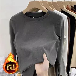 Women's round Ne Base irt Fce Lined Thi Long Sve Pure Color Slimming Inner Wear T-irt Korean Sle Commute Faion