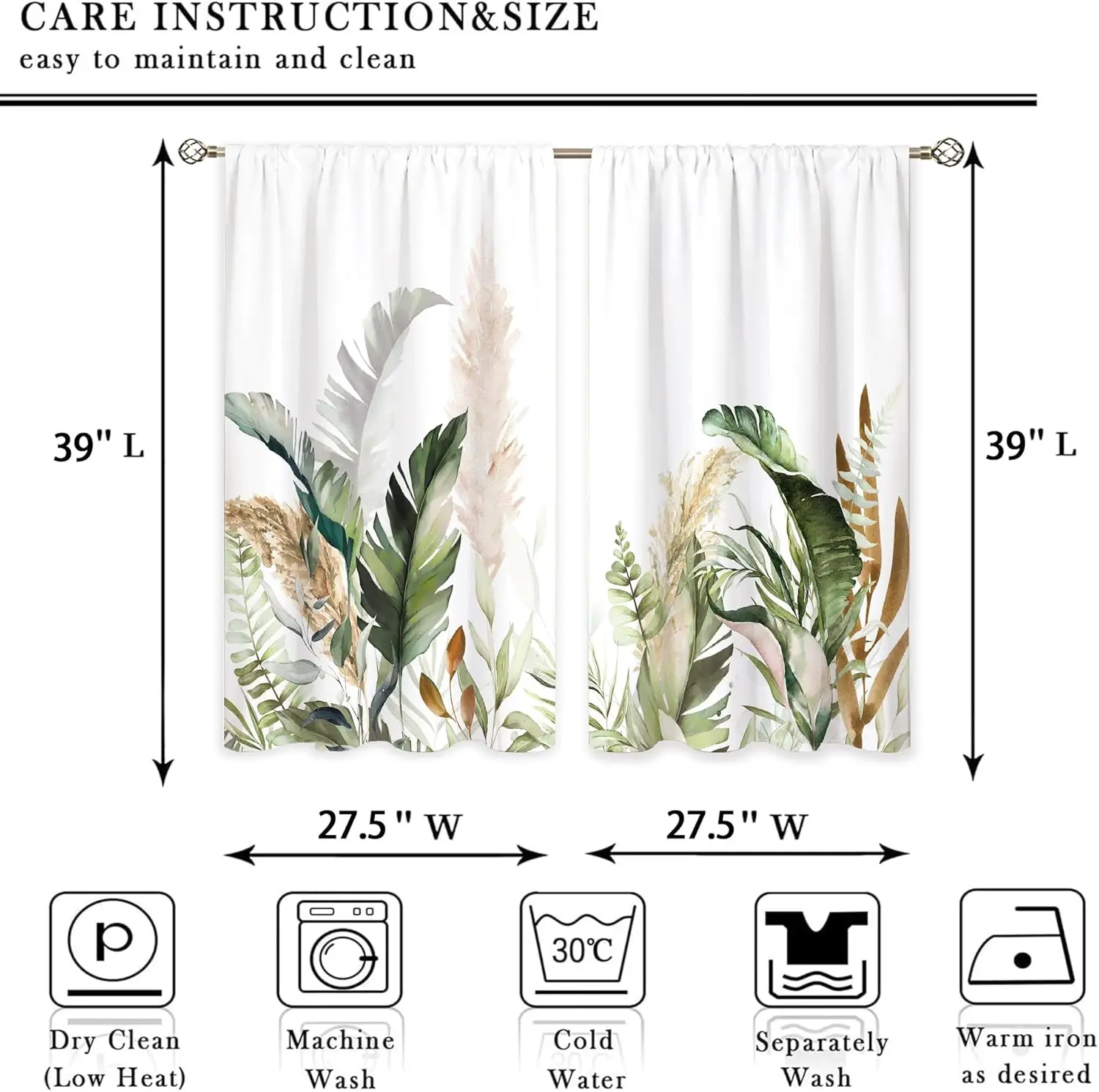 Tropical Plant Curtains Palm Leaf Pampas Grass Print for Kitchen Living Room Window Decor
