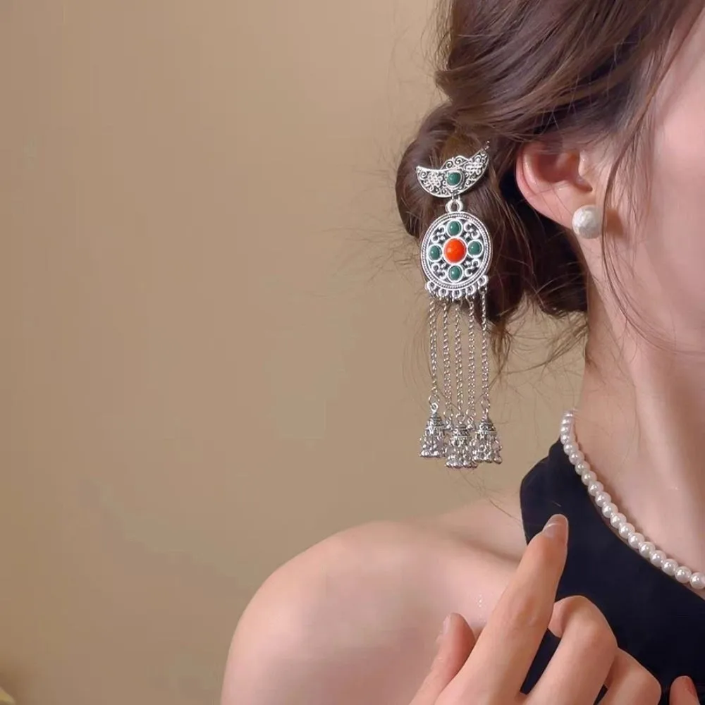 

Ancient Crescent Shape Tassel Hairpin Silver Chinese Style Ethnic Style Hair Stick Hair Accessories Metal Hanfu Hair Fork