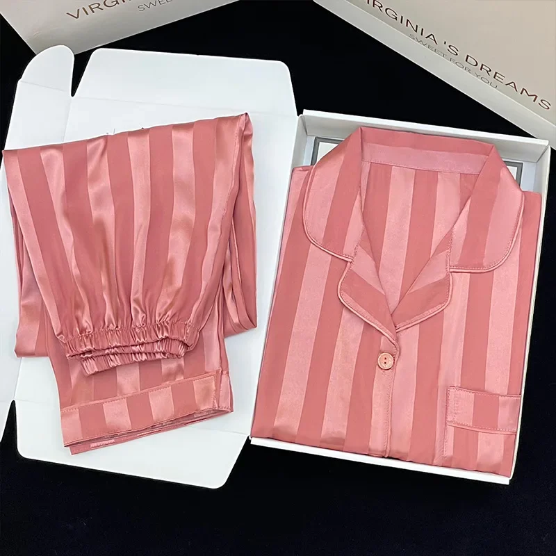 Women's Plus Size Pajamas High-Quality Striped Pajamas Ladies Long-Sleeved Trousers Cardigan Sleepwear Homewear Fall and Winter