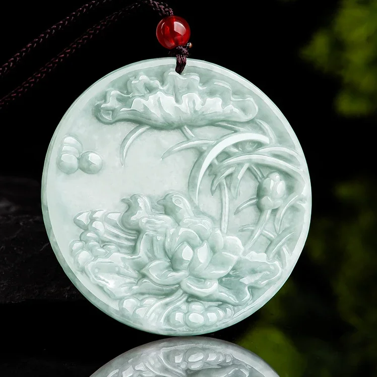 The Newest Natural Myanmar A-grade Jadeite Pendant Handcrafted Exquisite Lotus Mandarin Duck Necklace for Couples As A Gift