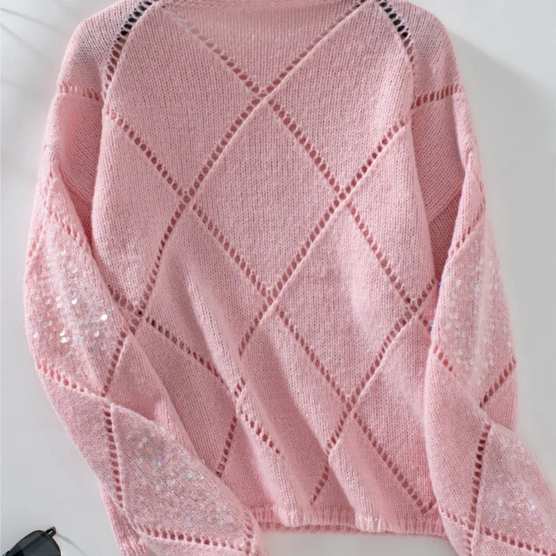 Pull tricoté à paillettes creuses pour femme, pull ample avec grille de diamant, à la mode, nouvelle collection automne hiver
