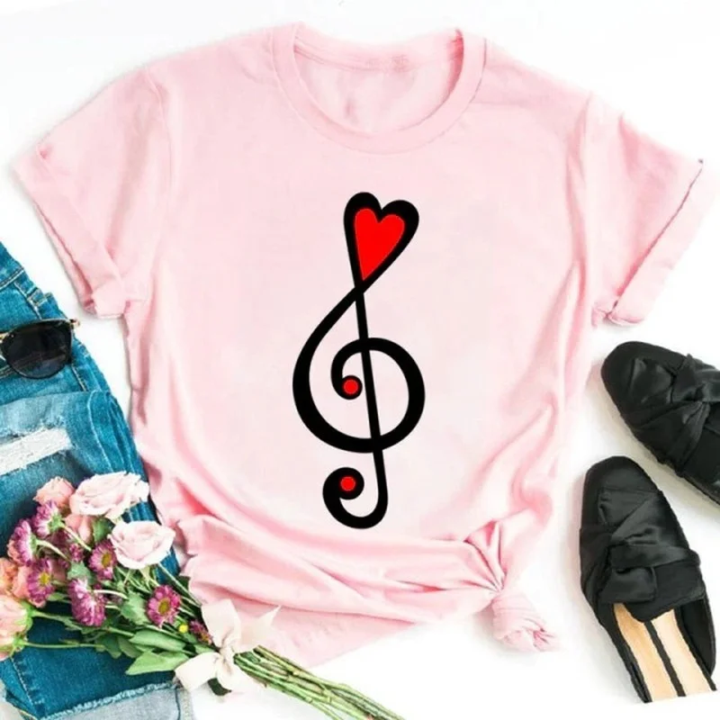 Heart Music Note Pink Print Women T Shirt Short Sleeve O Neck Loose Women Tshirt Ladies Tee Shirt Tops Clothes Camisetas Mujer