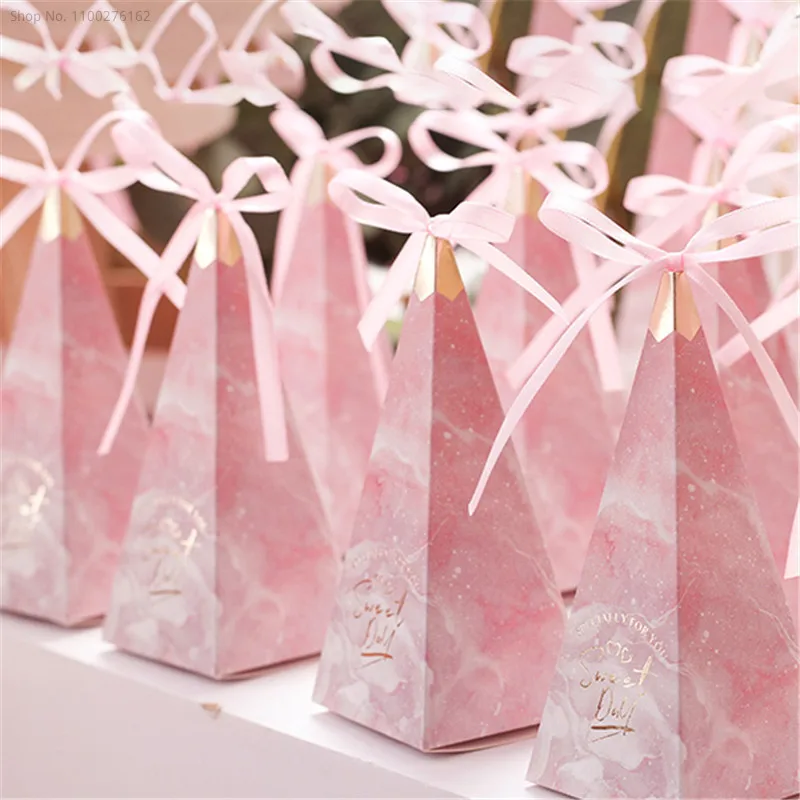 20/30/50pcs Pink Marbling Cardboard Boxes Wedding Favors Newborn Gift Baptism Souvenirs Triangle Candy Dragee Box Without Ribbon