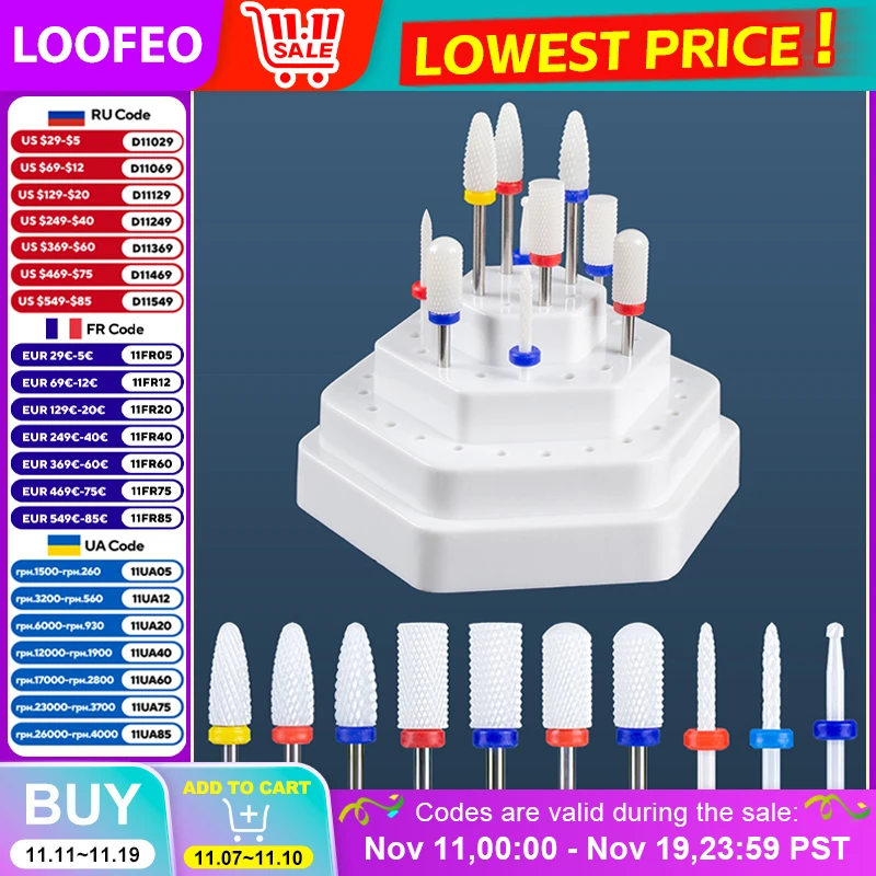 

10 шт. керамический, твердосплавный набор сверл для ногтей с подставкой держатель коробка фреза для маникюрной машины удаление гель-лака