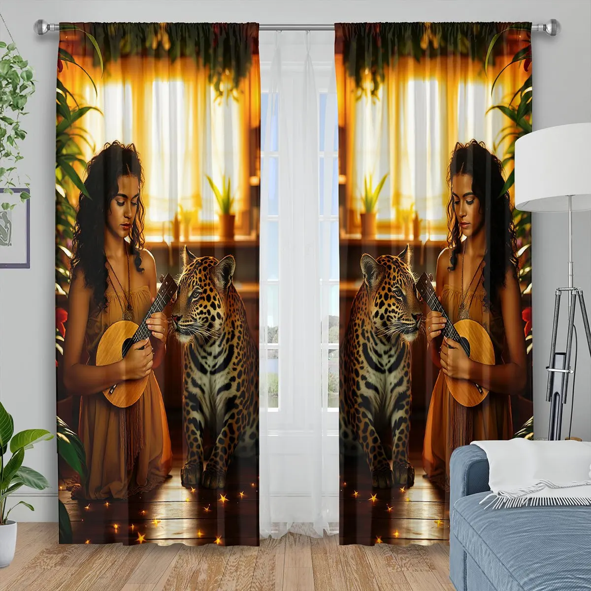 Exotic Woman with Leopard and Guitar Curtains, Tropical Jungle Print Blackout Drapes for Living Room, Boho Home Decor