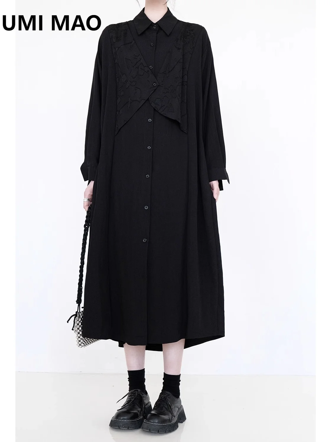 

UMI MAO Niche Design With Dark Textured Patchwork Shirt Dress Loose Slimming Black Long Dresses Femme Y2K