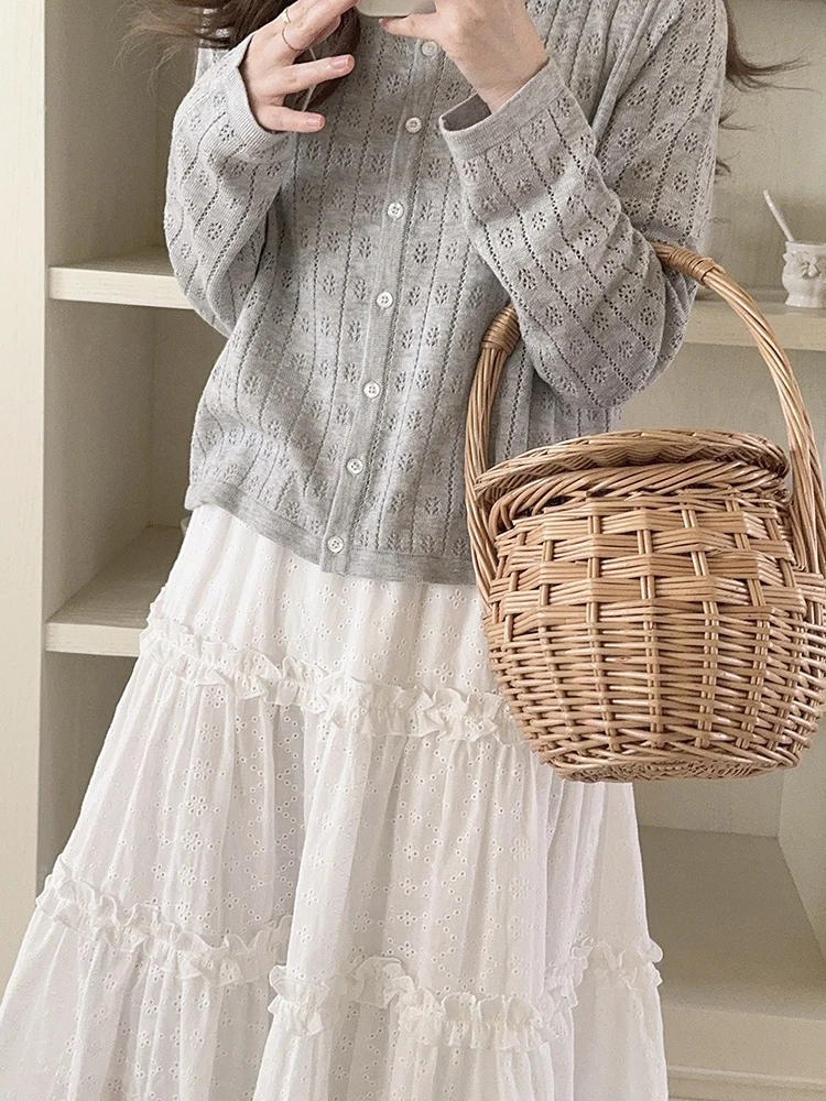 Cute Knitted Cardigans Women Summer 2024 Hollow Out Long Sleeve Loose Sweaters for Sweet Girls Kawaii Clothes