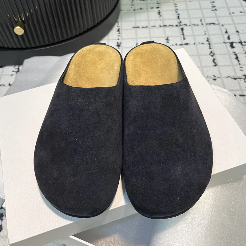 Women Round Wrap Toe Thick Sole Half Slippers Fashion Horsehair Slip on Platform Outside Slides Suede Leather Summer Causal Shoe