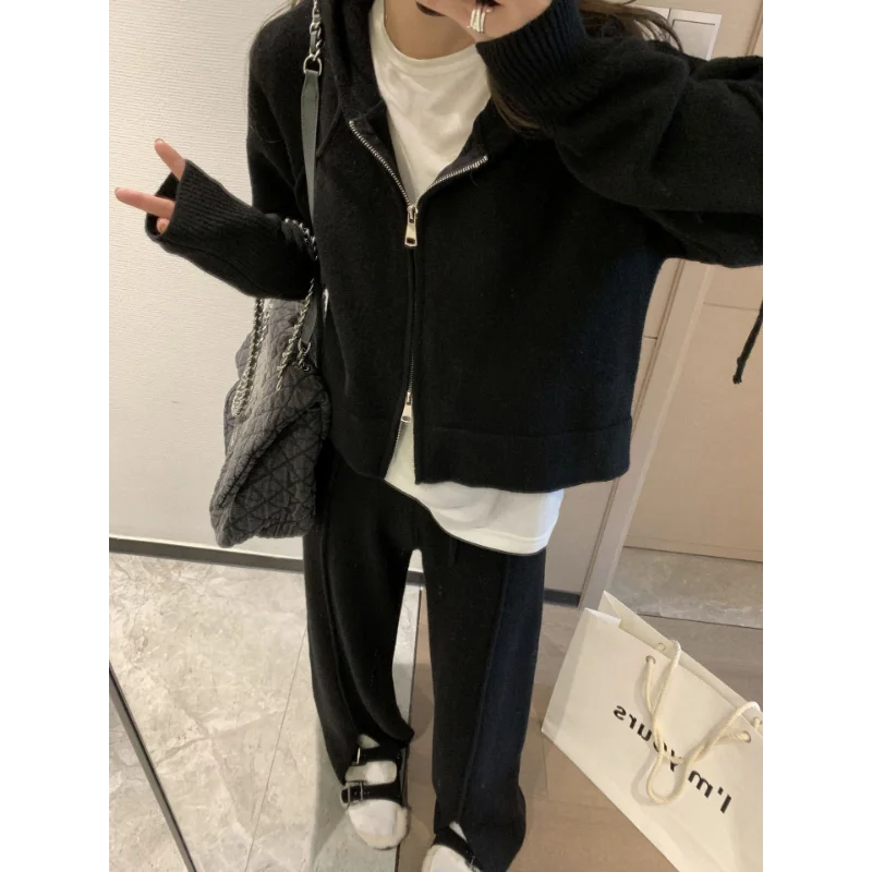 Hooded Zipper Cardigan Women Short Fall Winter Wool Lazy Style Front Slit Drawstring Slim Knitted Suit Milanese Fleece Trousers