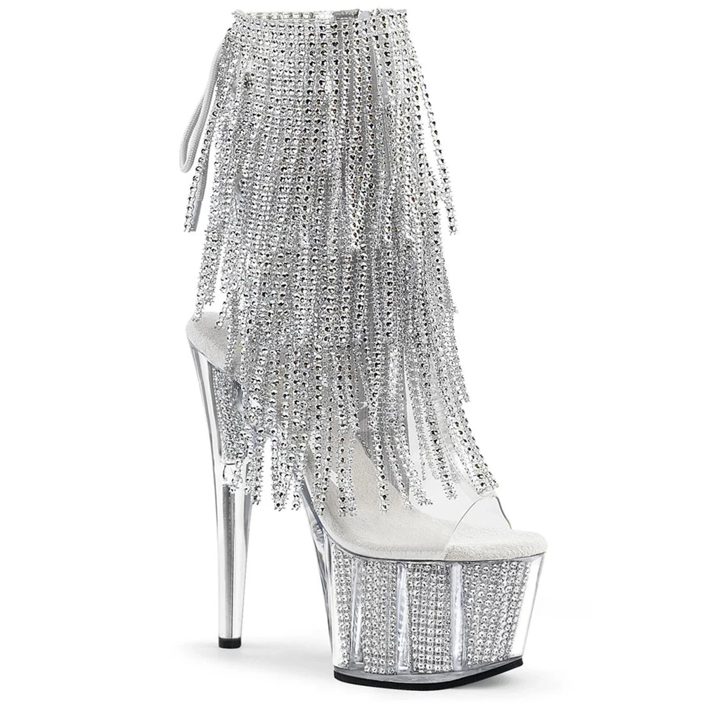 Brand Electroplated Tassels Pumps 17CM Thin High Heels Ankle Boots Pole Dance Nightclub Model Catwalk Platform Women's Shoes