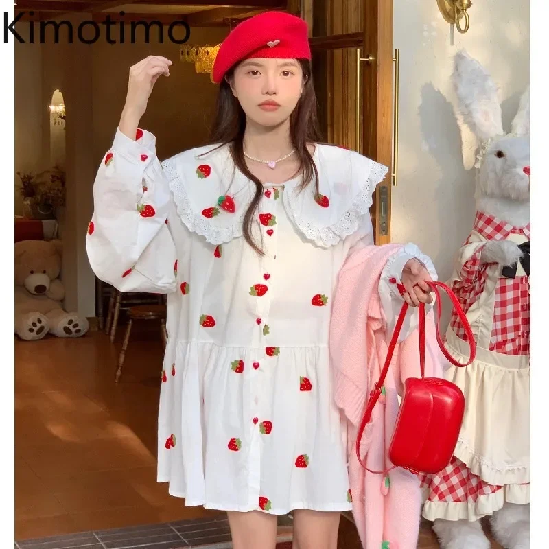 Kimotimo Sweet Embroidery Strawberry Lace Doll Collar Dress Women 2023 Autumn Long Sleeve Loose All Match Mini Dresses Casual